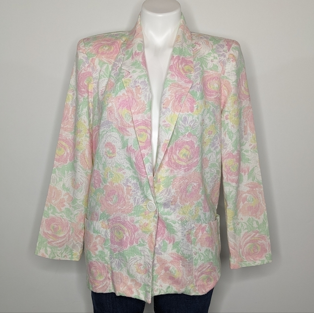 ✨3/$15 Vintage J R Bentley pastel floral single button collared blazer 12